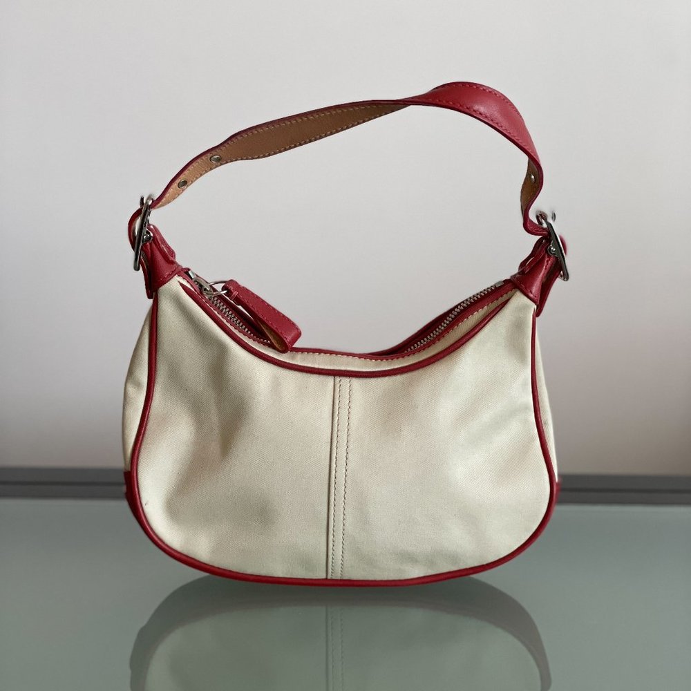 Coach Demi Hobo Cream Canvas Red Leather Shoulder Handbag